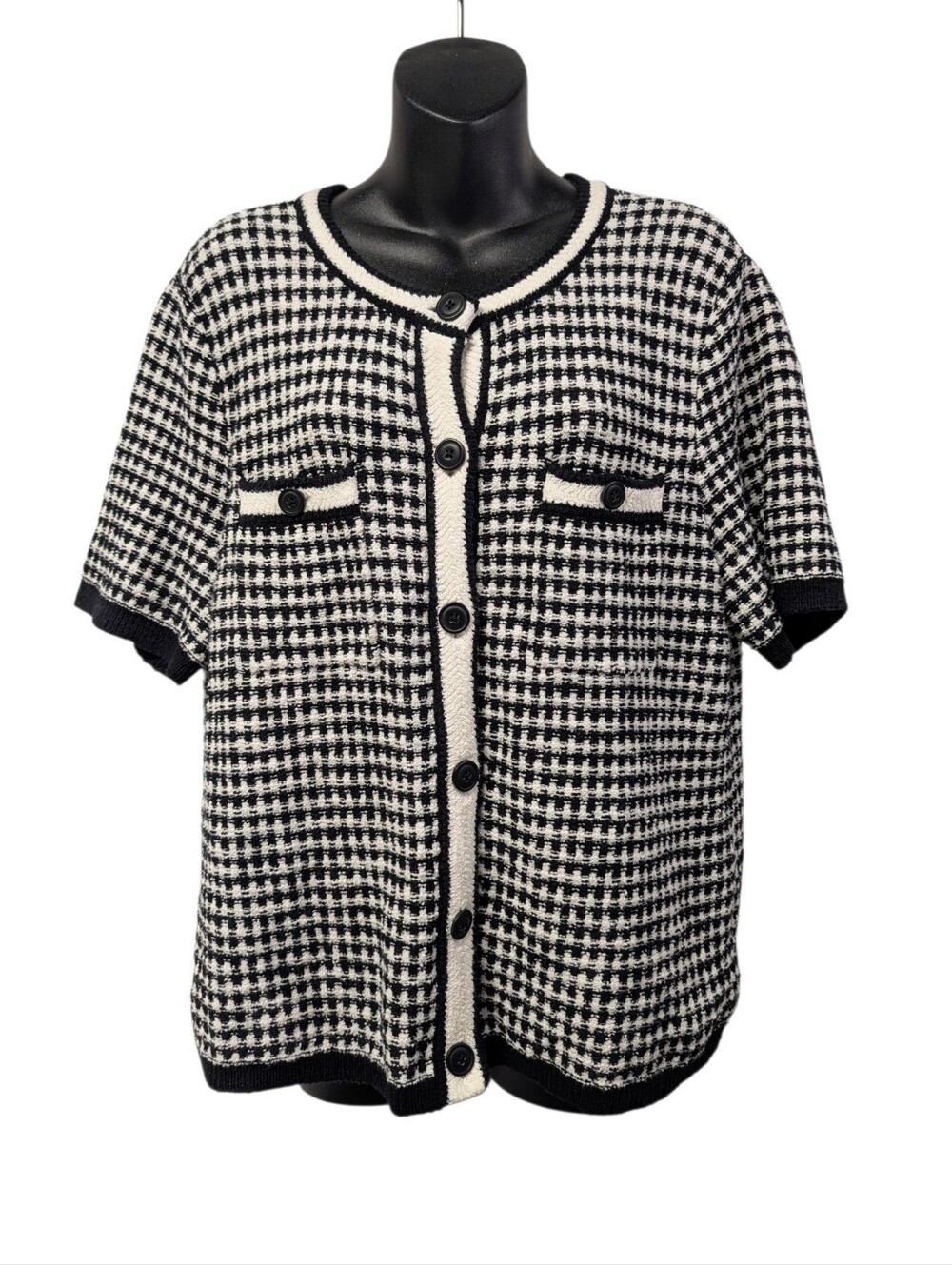 Talbots Black White Houndstooth Short Sleeve Knit Cardigan Sweater Large L